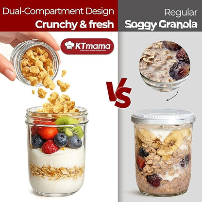 2 Pack Glass Yogurt Parfait Cups with Lids, 16+4oz Reusable Containers with Dry & Wet Separation, Leak-Proof for Overnight Oats, Meal Prep, Portable to Work & School, Easy Clean (Blue+Grey)