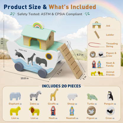 GiggleGems Noah's Ark Wooden Toy - All-in-1 Push Pull Shape Sorter for Toddlers - Montessori Animal Matching Set - Baptism Christening Gift for Birthday, Religious Toys for Boys Girls (18M+)