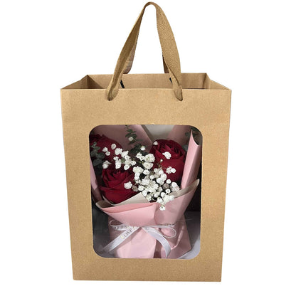 BallHull 12 Pcs Brown Paper Gift Bags with Transparent Window, 9.84"x7.0"x5.12" Kraft Shopping Bags with Handles for Bouquet Christmas Birthdays Festivals Party Weddings Wrapping