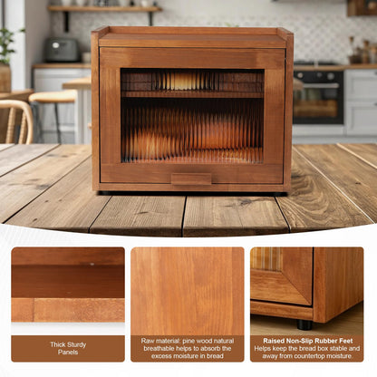 OCSERMIR Wooden Bread Box for Kitchen Countertop, 2 Tier Bread Storage Container with Acrylic Door, Adjustable Shelf, Ventilation Holes, Brown