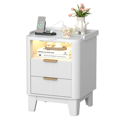 Turosur Night Stand with Charging Station, Fluted Nightstand with 2 Drawers and LED Light, Wood Bedside Table with Open Storage for Bedroom, White
