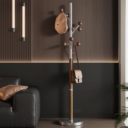 WOOW DEPOT Coat Rack Freestanding, Metal Coat Tree with 9 Rubber Wood Hooks, Heavy Duty Coat Hanger Stand with Marble and Stainless Steel Base, Standing Hall Tree for Clothes, Hats, Bags, Jacket