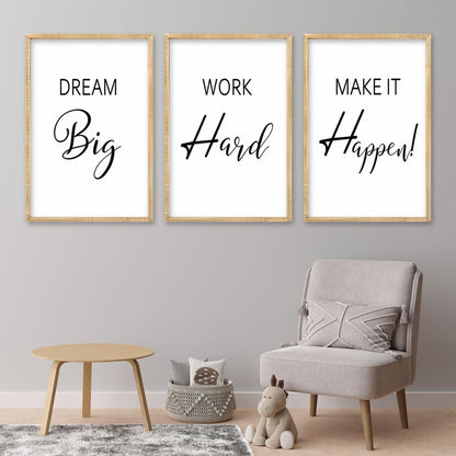 Motivational Positive Sign Wall Decor 11x16 Inch Office Set Of 3 Wood Framed Large Inspirational Quotes Living Room Home Wall Art Dream Big Work Hard Make it Happen women Hanging (Wood)