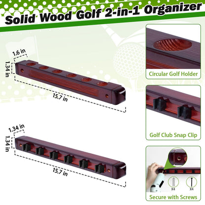 Wall Mounted Golf Club Display Rack, 2 Pack Wooden Golf Putter & Wedge Holder with 6 Secure Clips, Golf Ball Display Shelf, Premium Wall Storage & Organizer for Home, Office, Man Cave, Pro Shop