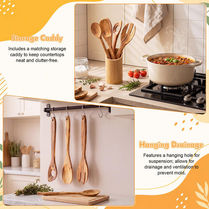 6 Pcs 12in Olive Wood Cooking Utensils Set Wooden Kitchen Utensil with Olive Spoons Spatulas Spoon Holder and Storage Container for Cooking Baking Meal Birthday Anniversary Housewarming Gifts