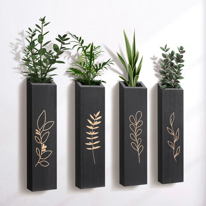 BOTOP Wood Wall Planter, Farmhouse 4 Pack Indoor Pocket Wall Vases Decor for Living Room Bedroom Dried Flowers Faux Greenery Plants (Black)
