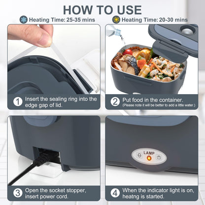 Electric Lunch Box Food Heater, 3 in 1 Ultra Quick Heated Lunch Boxes for Adults, 12V/24V/110V Portable Food Warmer for Car/Truck/Office With Fork Spoon and Insulated Carry Bag
