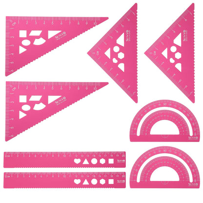 HARFINGTON 8pcs Triangular Ruler Set 20cm Aluminum Alloy Straight Geometric Protractor Triangle Engineering Scale Drafting Ruler Kit Measuring Drawing Tool for Classroom Office Home, Pink