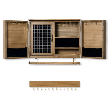 ikkle Wooden Jewelry Organizer Wall Mounted, Hanging Jewelry Holder with Removable Bracelet Rod and Hooks for Necklaces Earrings Bracelets Rings, Brown