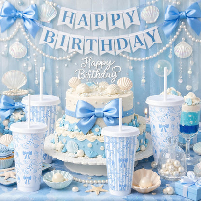 Pickmesh 12 Pcs 24 oz Coastal Blue Bow Plastic Cups with Lids and Straws Bulk Coastal Ocean Party Decoration Supply Blue Shell Reusable Tumbler for Birthday Wedding Baby Shower Party
