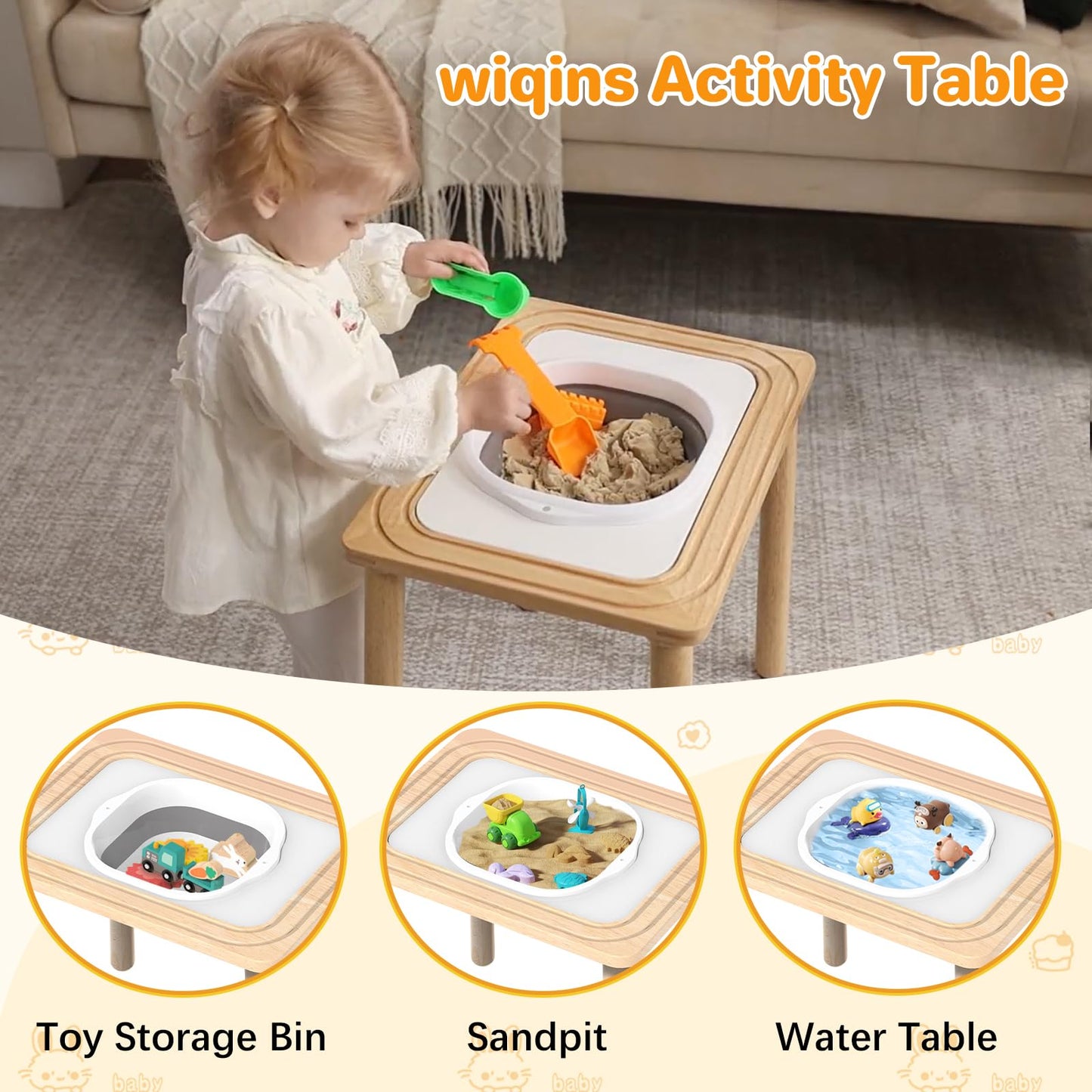 3-in-1 Baby Activity Table for 18-36 Months Old Kids Wooden Activity Center Sensory Play Table for Toddlers with Bead Maze Shape Sorter Montessori Toys Sand Table Must Have Birthday Gift for Girls Boy