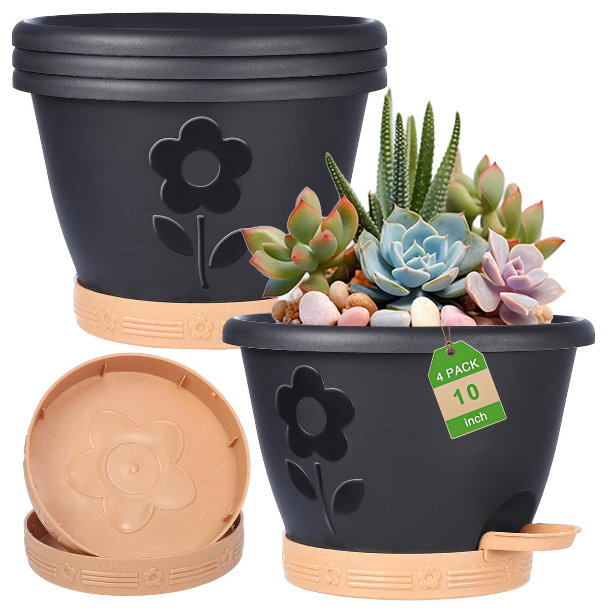 Plant Pots 10 Inch Set of 4, Self Watering Pots with Drainage Holes, Saucer & Reservoir, Flower Pots for Indoor/Outdoor Plants, Decorative Nursery Planting Pots (Black)