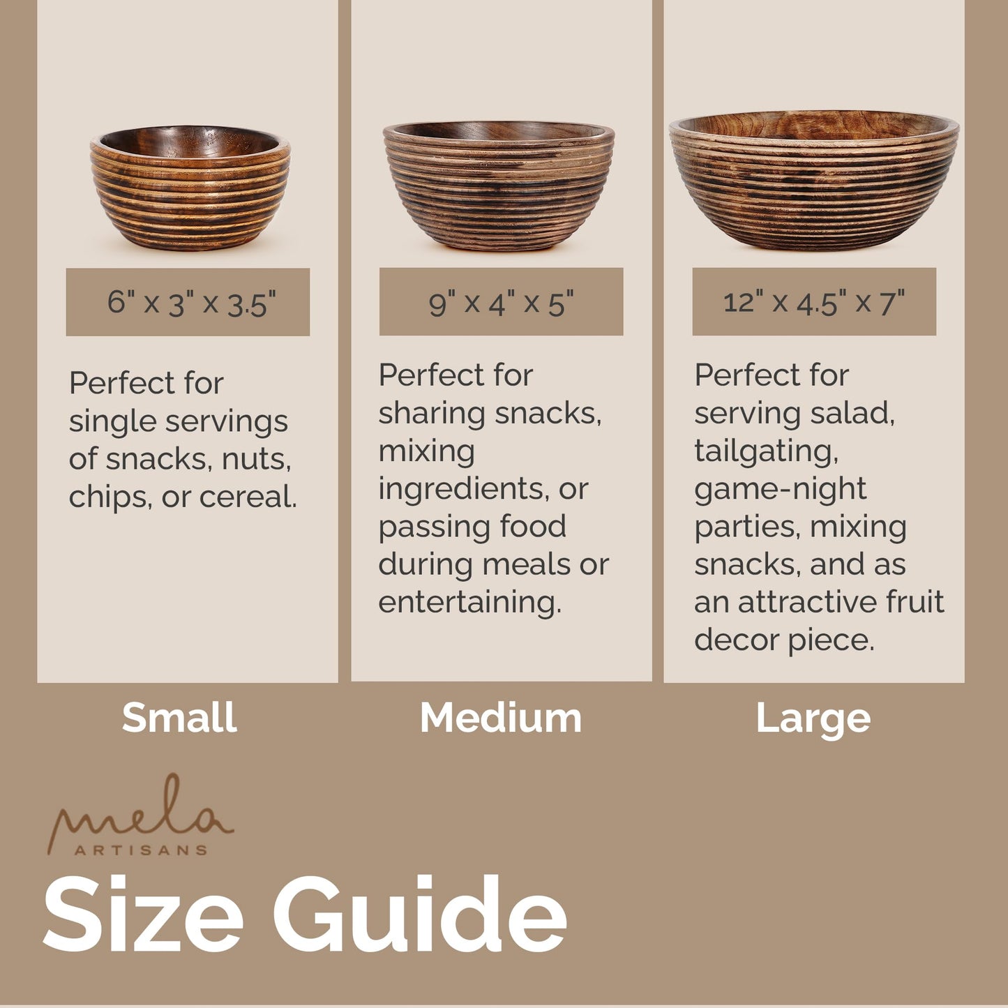 Mela Artisans Wooden Fruit Bowl | Dark Burnt Finish | 9” Decorative Mango Wood Serving Bowl | Multipurpose for Kitchen Countertop | Salad | Snacks | Fruit | Breads & More | Natural Grain Look