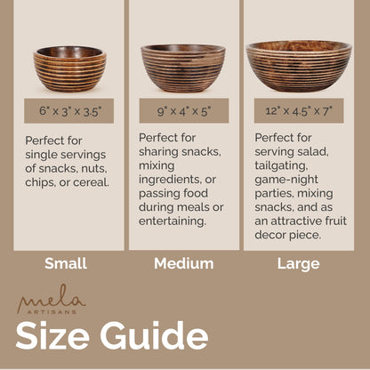 Mela Artisans Wooden Fruit Bowl | Dark Burnt Finish | 9” Decorative Mango Wood Serving Bowl | Multipurpose for Kitchen Countertop | Salad | Snacks | Fruit | Breads & More | Natural Grain Look