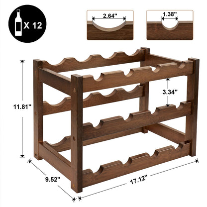 Thalomely Bamboo Wine Rack, 3-Tier 12 Bottles Wine Storage Cabinet Shelf, Easy-Assembly Freestanding Bamboo Wine Racks Countertop for Kitchen Pantry Dining Room Bar, Walnut