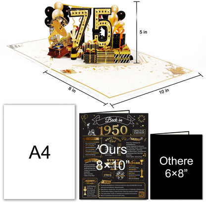OLOSONG 75th Birthday Card for Men Women, Funny 3D Pop Up 75th Birthday Gifts for Grandma Mom Dad, Back In 1950 Happy 75 Year Old Birthday Decorations Cards for Her Him