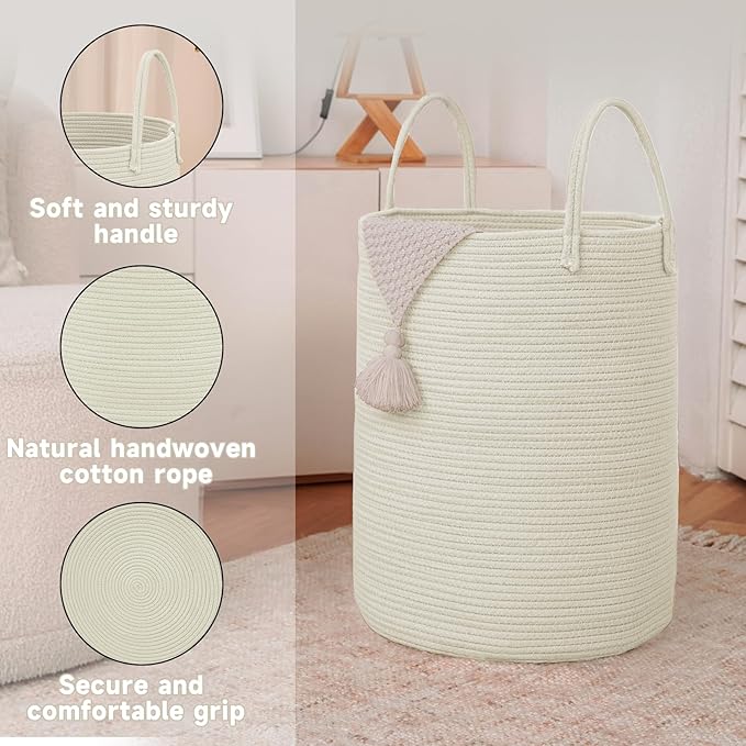 Large Woven Laundry Basket Hamper, 60L Cotton Rope Storage Bin