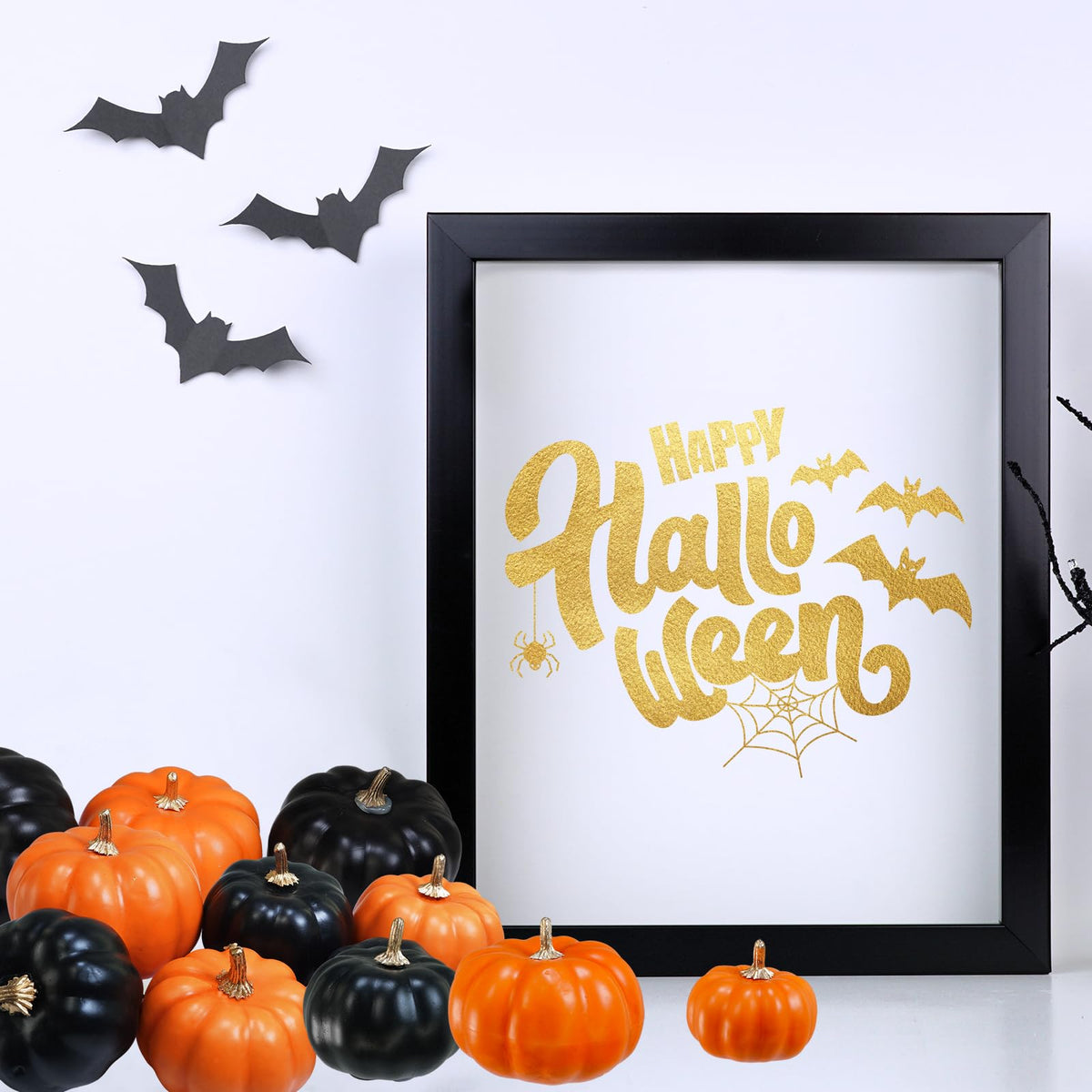 Winlyn 12 Pcs Artificial Orange & Black Pumpkins - Small Decorative Fall Pumpkins for Autumn Harvest, Thanksgiving, Home Party, Wedding Centerpiece, Table Mantel