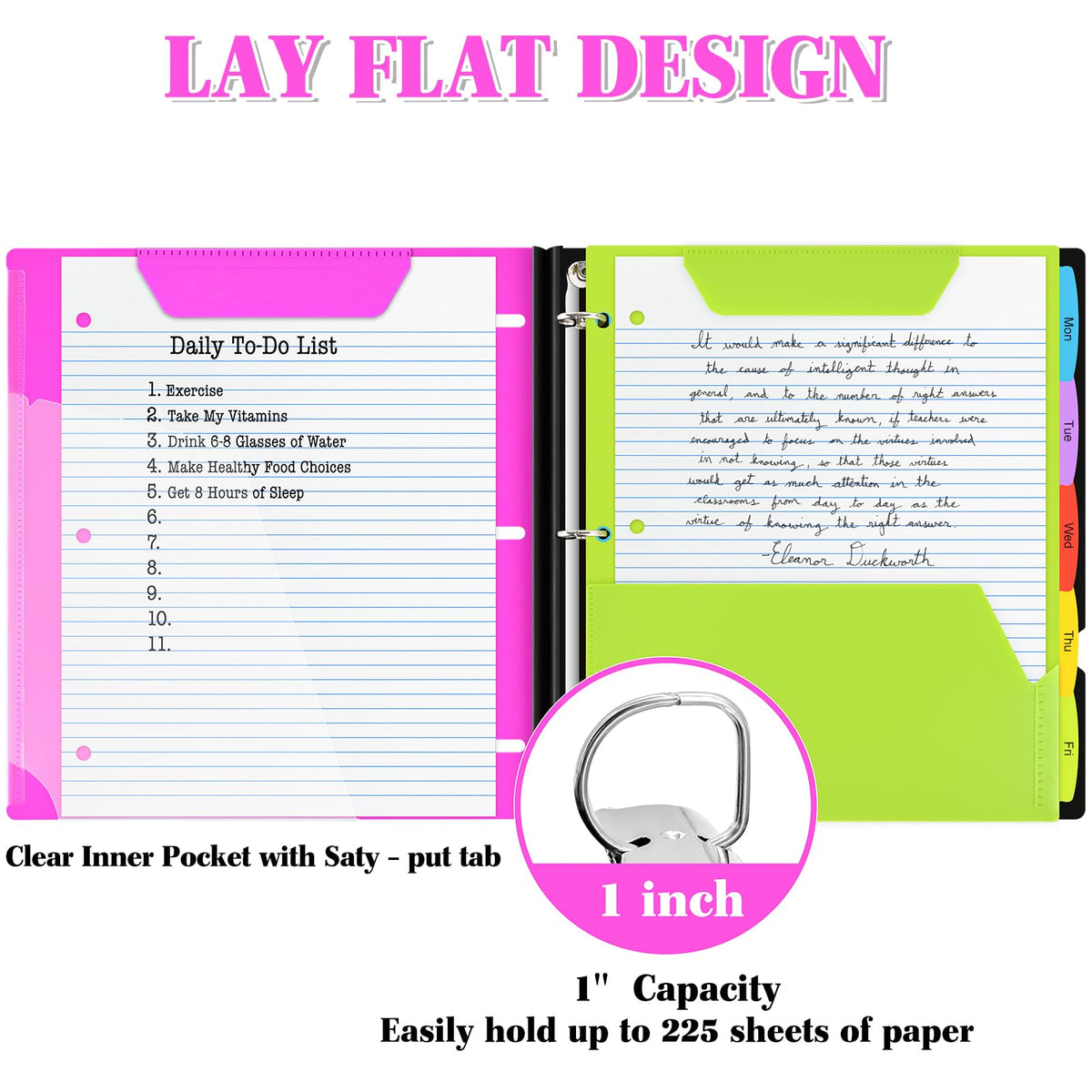 INFUN 1 Inch Telescoping 3 Ring Binder - 1PCS,Flexible Round Binder with Customizable Front Cover and Clear Catalog Pocket, 1 Inch Rings, 225 Sheet Capacity-Pink