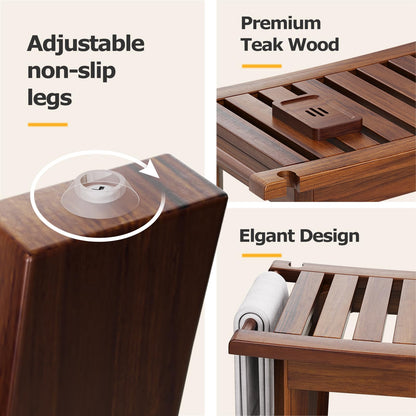 Teak Shower Bench, 23.6 Inch Teak Shower Stool 300lbs Wood Shower Chair Seat with Storage Shelf Towel Rack for Bathroom Indoor and Outdoor Use