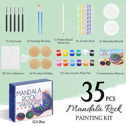 Mandala Rock Painting Arts and Craft Kit for Adults Women - 35 PCS Mandala Dot Art Kit - Large Wooden Rocks with Stencils, Acrylic Paints, Dot Painting Tools - DIY Relaxing and Creative Activity