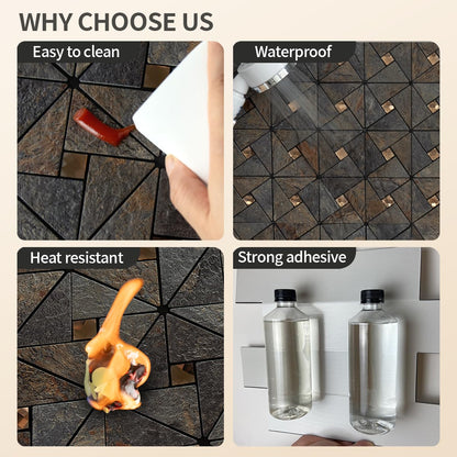 DICOFUN 10-Sheet Rustic Slate Look Peel and Stick Backsplash Tile, Mixed Glass Self-Adhesive Mosaic Tiles, Stainless Steel Stick on Wall Tiles for Kitchen and Bathroom Backspalsh, Mirror Decor