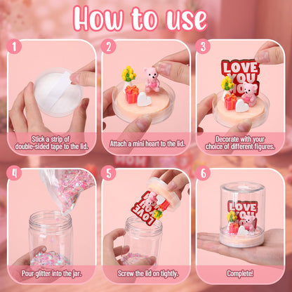 Sotiff 12 Sets Mother's Day Craft Bulk DIY Snow Globe Gift with Mini Resin Heart Bear Vase with Flower Figurines Gift Box 3D Love Heart Love You Mom Wooden Sign for Mom Birthday Classroom Activity