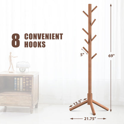 Haddockway Wooden Coat Rack Stand with 8 Hooks New Zealand Pine 3 Adjustable Coat Standing Tree Easy Assembly for Coats, Hats, Scarves and Handbags for Entryway, Hallway, Bedroom, Office