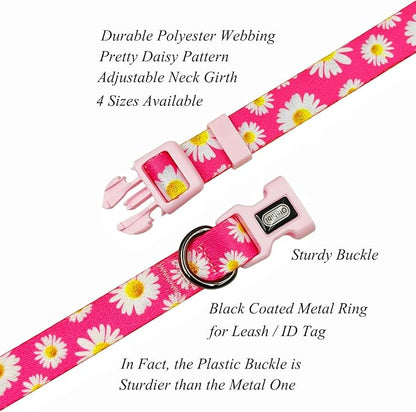 Dog Collar and Leash Set, Cute Pink Daisy Pattern, Polyester Material, 5ft Leash, for Medium Dogs.(M, Daisy Set)