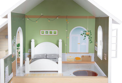 Small Foot Wooden Dollhouse with Roof Terrace & Furniture – Modern Open Front Doll House with Bedroom, Bathroom & Kitchen – Kids Role Play Toy for Ages 3+