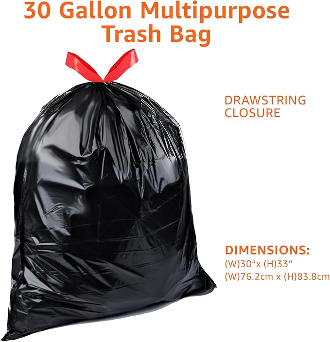 Amazon Basics 30 Gallon Multipurpose Drawstring Trash Bags, 20% Post Consumer