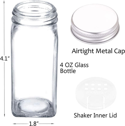 SWOMMOLY 25 Glass Spice Jars with 703 Spice Labels, Chalk Marker and Funnel Complete Set. 25 Square Glass Jars 4OZ, Airtight Cap, Pour/sift Shaker Lid