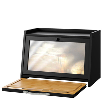 kiplant Bread Box with Cutting Board, Bamboo Bread Box for Kitchen Counter, Bread Storage Container with Wavy Arcylic Transparent Door (Black)
