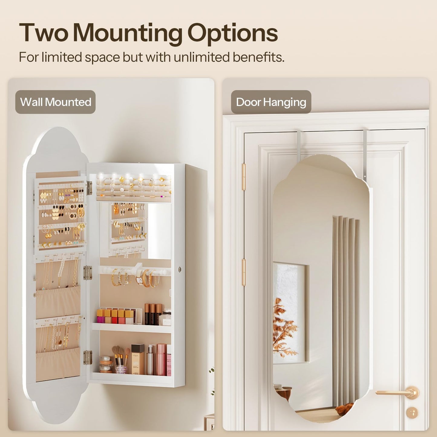 HOOBRO Jewelry Box for Women and Wide Jewelry Cabinet, Jewelry Organizer Box, LED Jewelry Organizer Wall/Door Mounted, 6-Tier Wooden Jewelry Box, Hanging Jewelry Cabinet Mirror, BH12JB04-WT03JC04