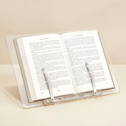 Oqqlin Adjustable Acrylic Book Stand, 13.3 x 9.4 Inch Adjustable Multi-Angle Book Display Stand Transparent Foldable Books Holder with Page Clip for Books, Magazines, Cookbook, Document, Recipe