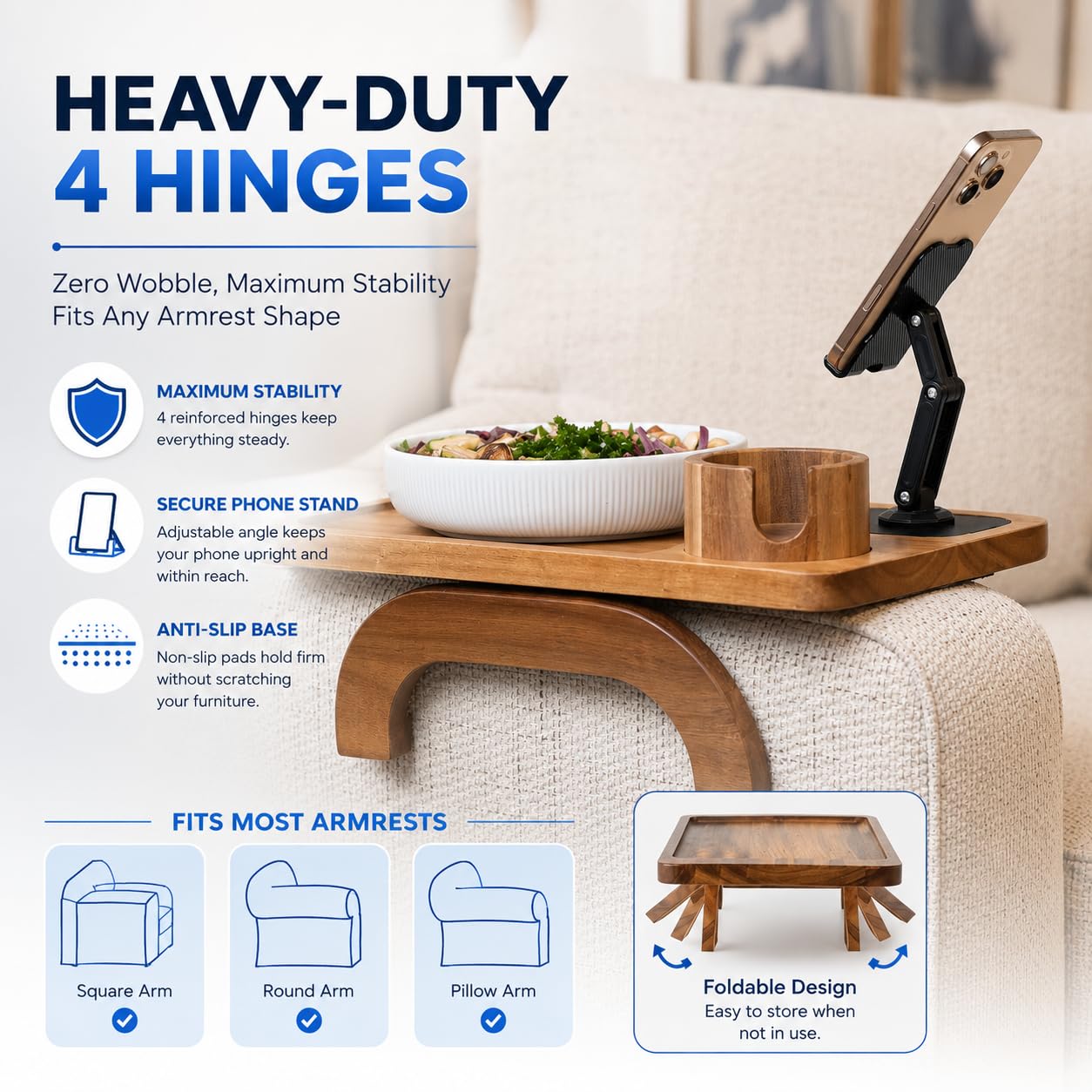 Nesture Living Couch Armrest Table with Cup Holder (15.31" x 9.65") - Acacia Sofa Arm Tray Organizer with Magnetic & 360° Rotating Phone Holder - Fits Couch Arm for Drinks, Snacks & Remote Control