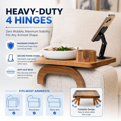 Nesture Living Couch Armrest Table with Cup Holder (15.31" x 9.65") - Acacia Sofa Arm Tray Organizer with Magnetic & 360° Rotating Phone Holder - Fits Couch Arm for Drinks, Snacks & Remote Control