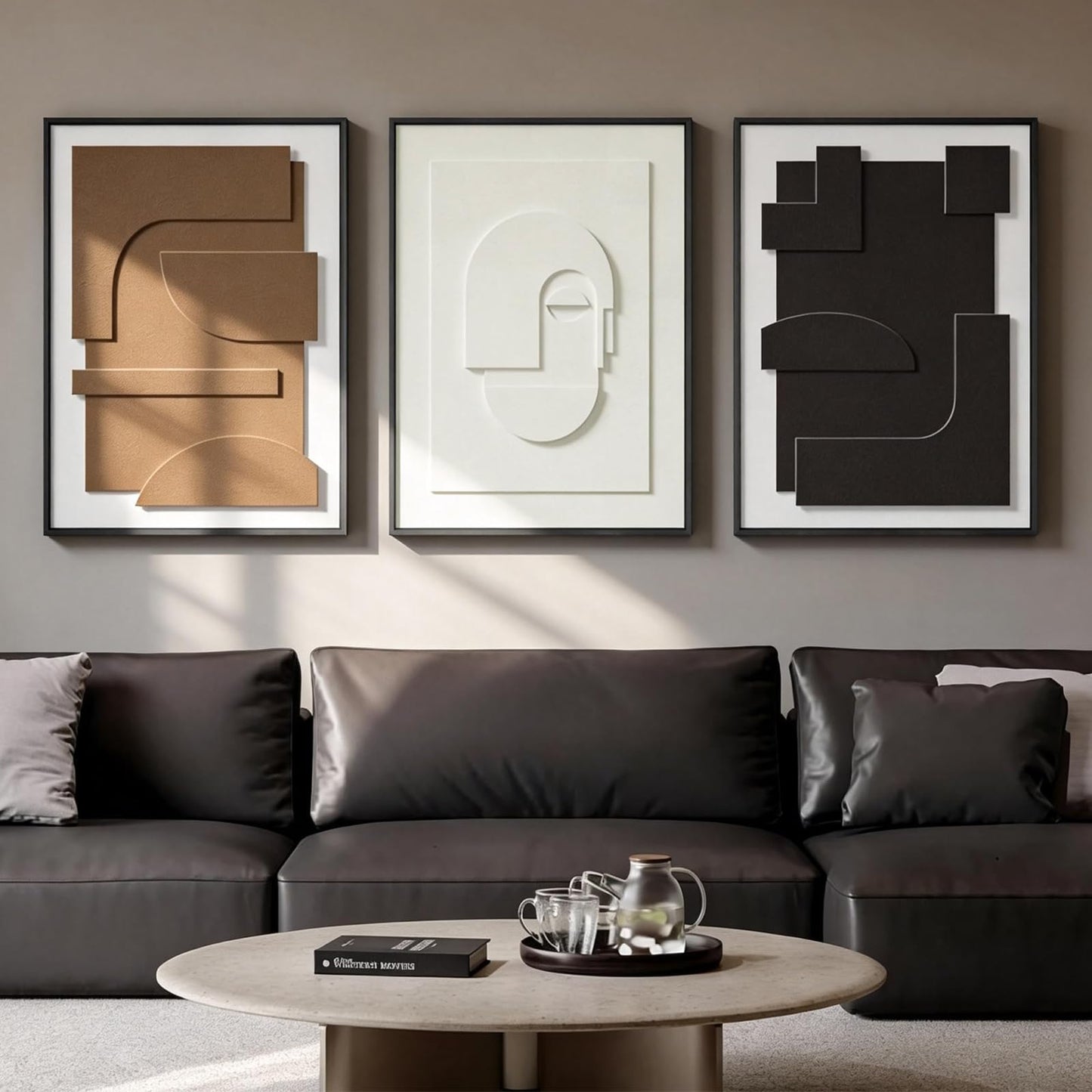 Vaskuro Extra Large Wooden Framed Sandstone Textured Wall Art, 3D Geometric Minimalist Abstract Neutral Decor, Black White Brown, Living Dining Room Office,3pcs,32x24in