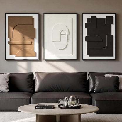 Vaskuro Extra Large Wooden Framed Sandstone Textured Wall Art, 3D Geometric Minimalist Abstract Neutral Decor, Black White Brown, Living Dining Room Office,3pcs,32x24in