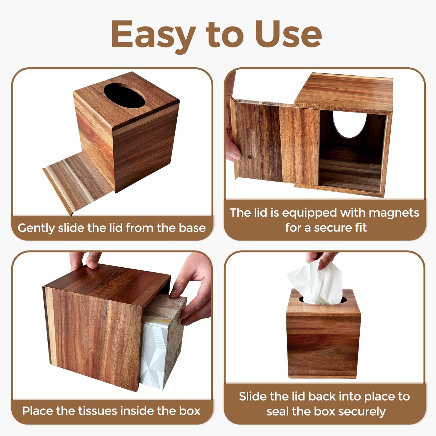 S310 Acacia Wood Tissue Box Cover, Square Tissue Box Holder with Slide-Out Bottom, Wooden Cube Tissue Covers Tissue Holders for Bathrooms Office Kitchen