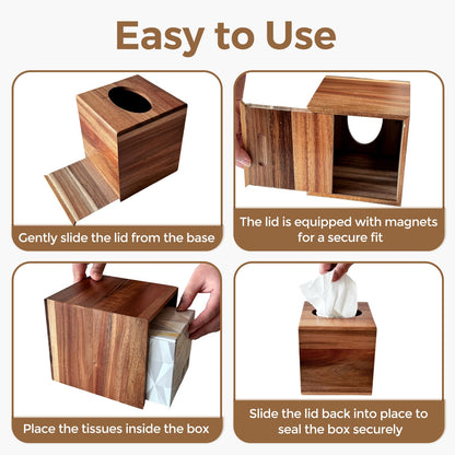 S310 Acacia Wood Tissue Box Cover, Square Tissue Box Holder with Slide-Out Bottom, Wooden Cube Tissue Covers Tissue Holders for Bathrooms Office Kitchen