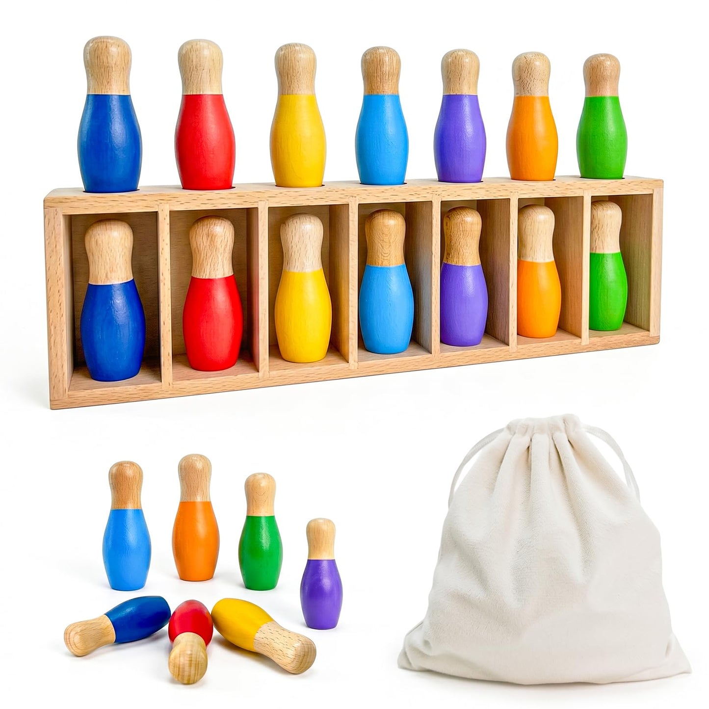 pamexin Family Games for Kids, Wooden Bowling Color Matching Game with 7 Bright Pins and Storage Bag, Family Board Games Party Birthday Gift, Fun Party Game for Boys Girls