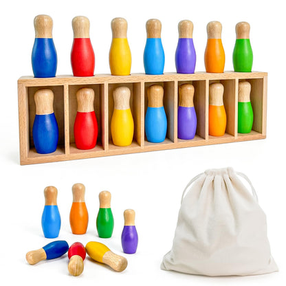 pamexin Family Games for Kids, Wooden Bowling Color Matching Game with 7 Bright Pins and Storage Bag, Family Board Games Party Birthday Gift, Fun Party Game for Boys Girls