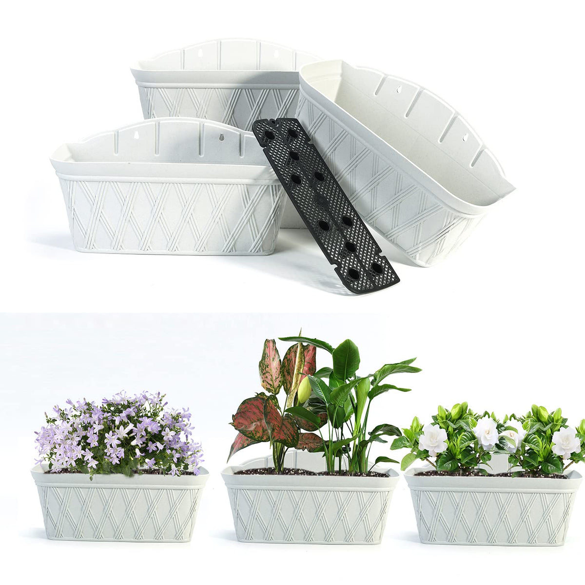 Sungmor 3 Pack Wall Hanging Planters, 16.5 Inch Railing Fence Hanging Flower Pots, Thickened Plastic Water Storage Plant Pot, Indoor Outdoor Garden Balcony Decor, Light Grey Large Plant Basket