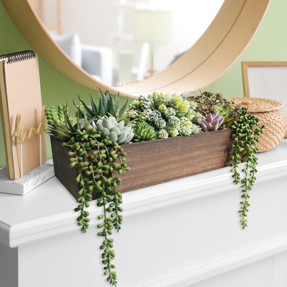 Winlyn Artificial Succulent Arrangement 15" Assorted Succulents Plants in Brown Rectangular Wooden Box Faux Potted Succulents Plant for Farmhouse Home Table Centerpiece Mantel Shelf Kitchen Décor