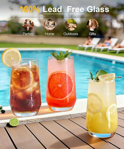 LUNA & MANTHA Drinking Water Glasses Set, Lead-Free Crystal Highball Glass, Tall Glass Cups for Cocktail Parties,Clear set of 6,16.2oz