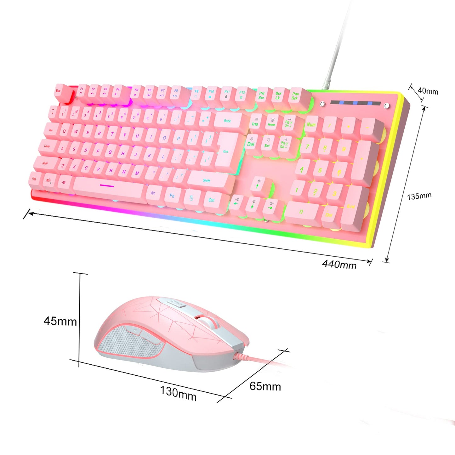 MageGee GT838 Gaming Keyboard and Mouse Combo, 104 Keys RGB Backlit Quiet Wired Keyboards for Laptop PC MAC, with Number Pad, Metal Panel, Anti-Ghosting, Pink