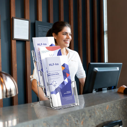 HLF-ho Brochure Holder 4x9 Inch 3 Tier Acrylic Literature Holders Clear Plastic Flyer Display Stand Countertop Use or Wall Mount Pamphlet Holder Organizer for Office, Lobby, Hotel, Trade Show, 4 Pack