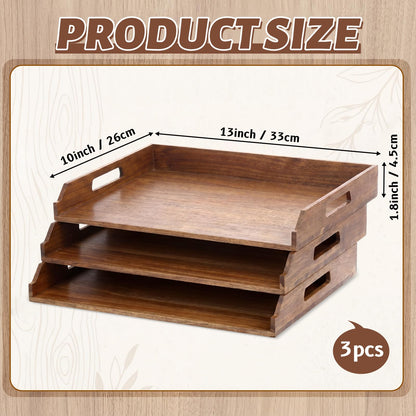 AceOrbit 3 Pcs Stackable Paper Tray Acacia Wood Desk Organizer Letter Tray 3 Tier Wooden File Organizer Desk Shelf for Documents, Letter Sorter, Envelopes and Magazine Holder