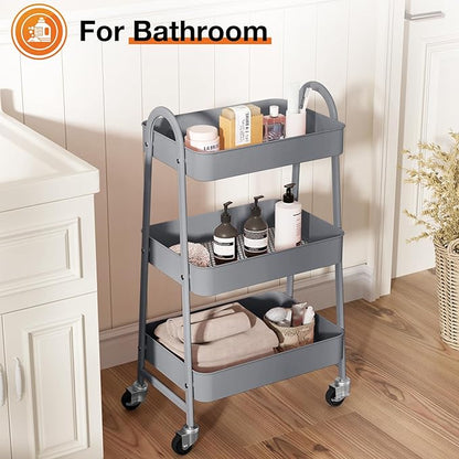 NEWBULIG 3-Tier Metal Rolling Cart with Lockable Wheels, Heavy Duty Mobile Utility Storage Shelf, Roller Book Snack Cart, Organization for Livingroom, Bathroom, Office, Grey